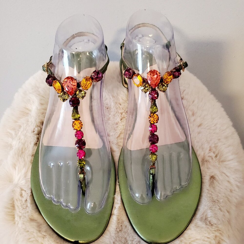 Jimmy Choo Green Jeweled T-Strap Sandals with Multicolor Gems 39.5